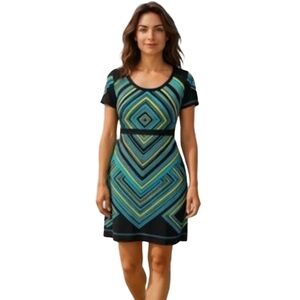CALVIN KLEIN Sheath Dress Black Green Office Evening Short Sleeves Sz 8 EUC